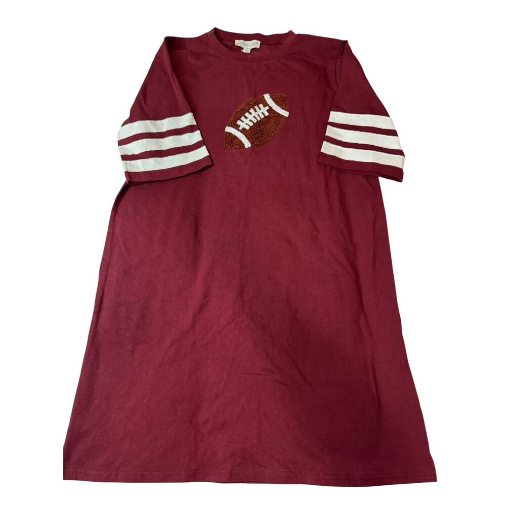 Medium She + Sky Sequin Football T-Shirt Dress Maroon & White Game Day